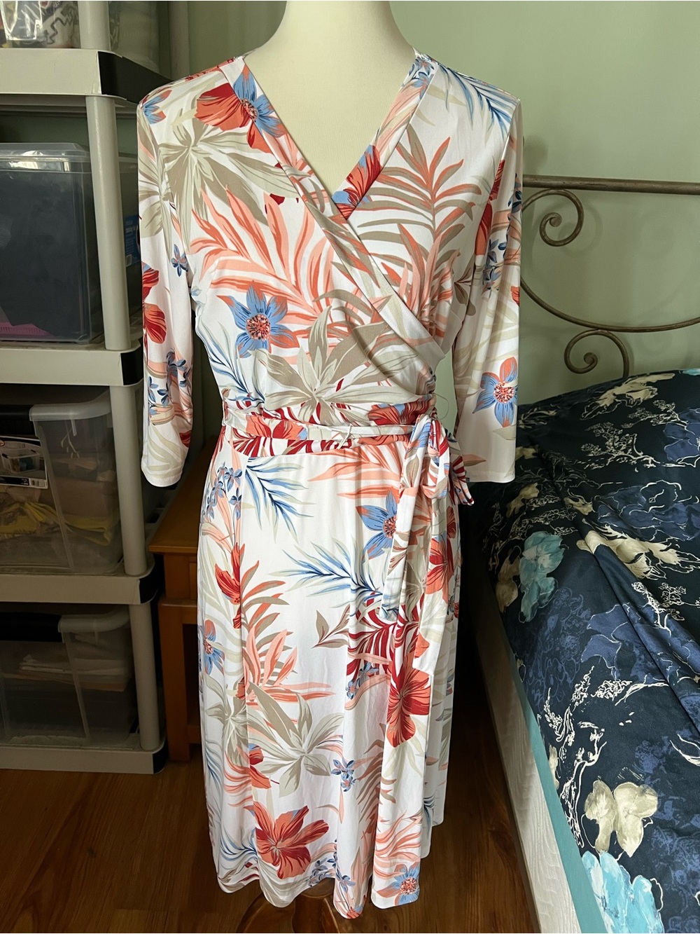En Focus Studio 12 Women’s Floral Faux Wrap Dress- White with Coral & Blue